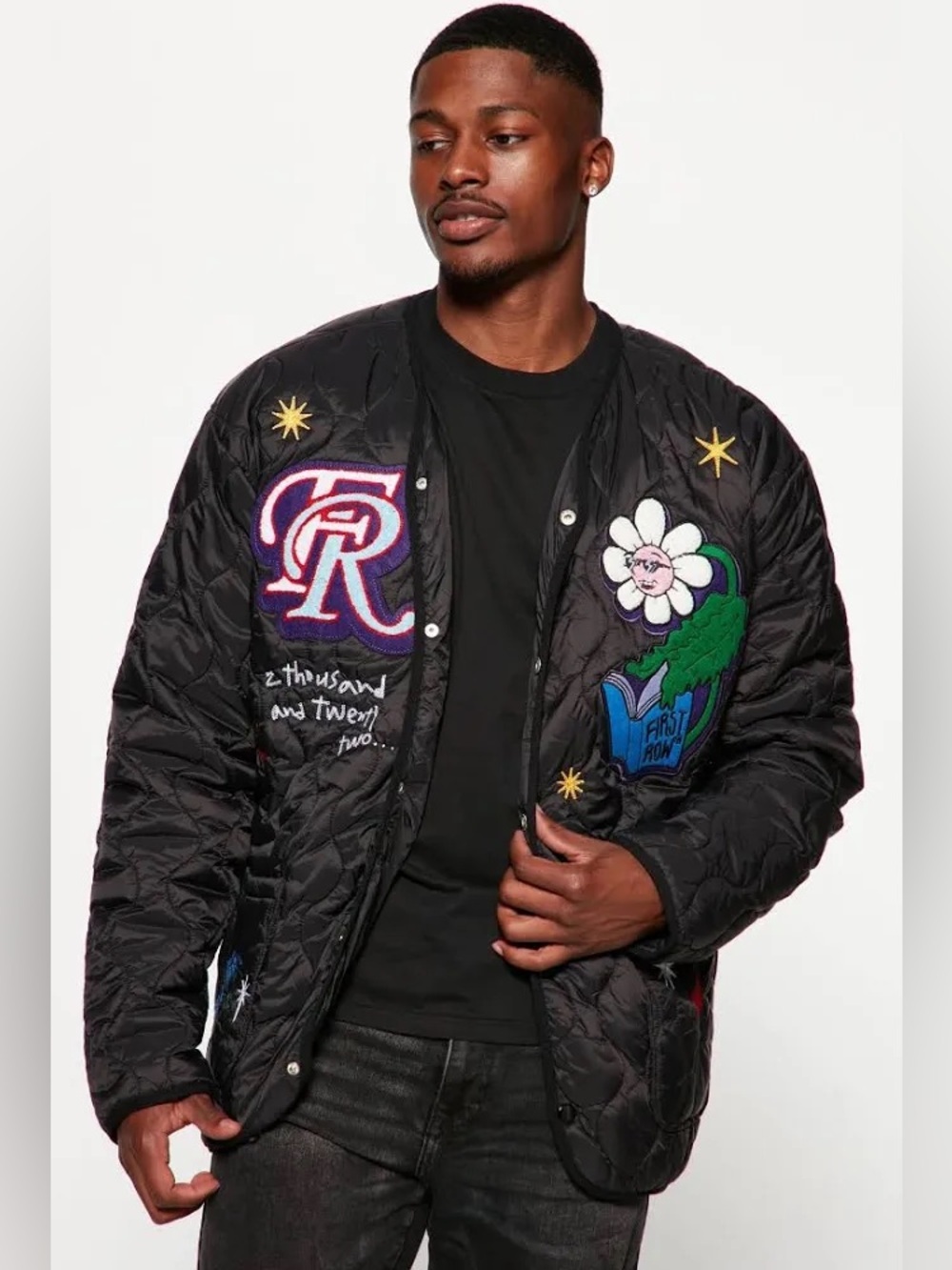 First Row Quilted Padding Bomber Jacket With Patchwork